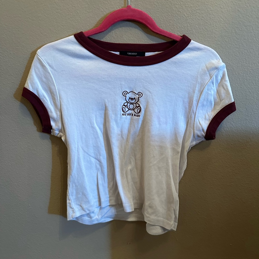 Forever 21 White Tee with Burgundy Trim